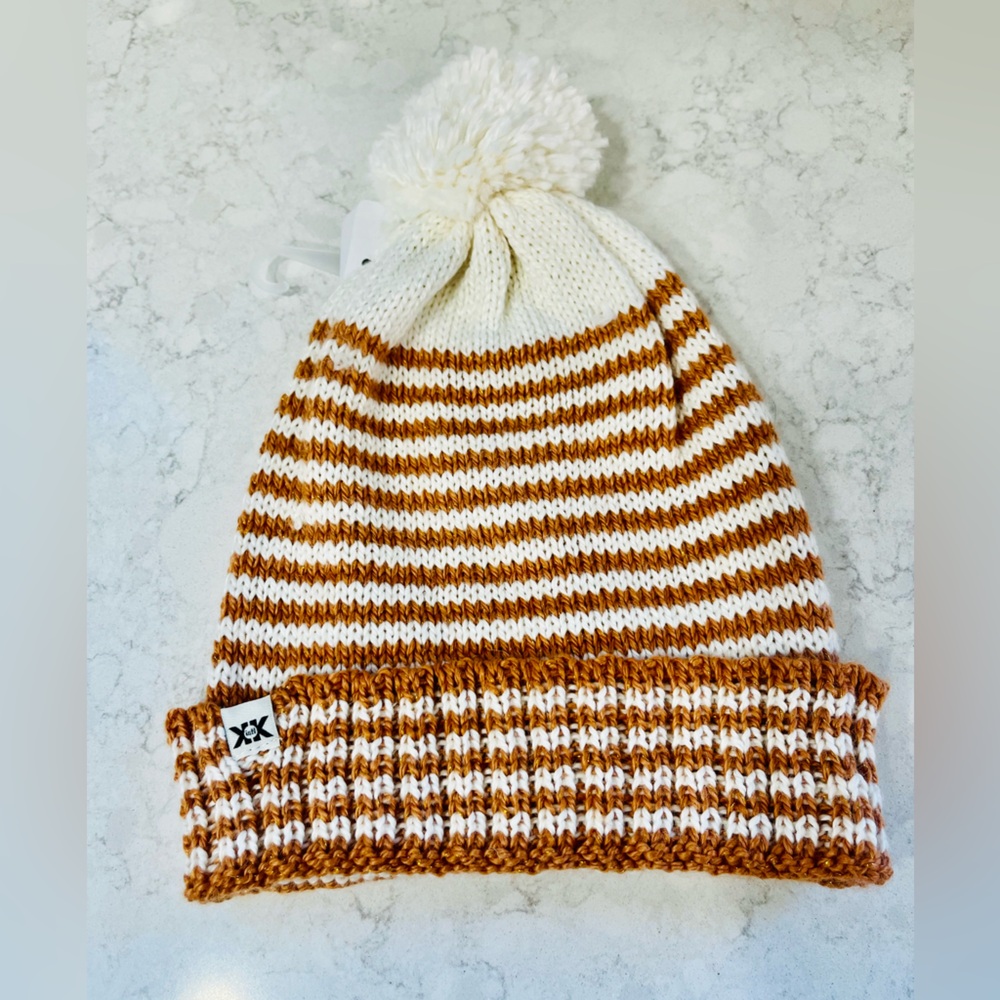 Krochet Kids Copper & Cream Striped Knit Beanie with Pom-Pom NWT